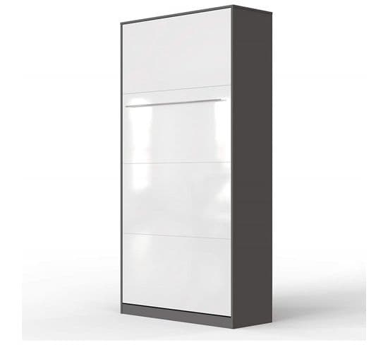 Armoire Lit Escamotable 90x200 cm Vertical Mural Supérieur Anthracite/blanc Brillant