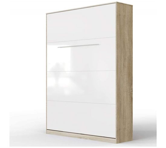 Armoire Lit Escamotable 140x200 cm Mural Supérieur Vertical Chêne Sonoma/blanc Brillant