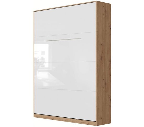 Armoire Lit Escamotable 140x200 cm Mural Supérieur Vertical Chêne Sauvage/blanc Brillant