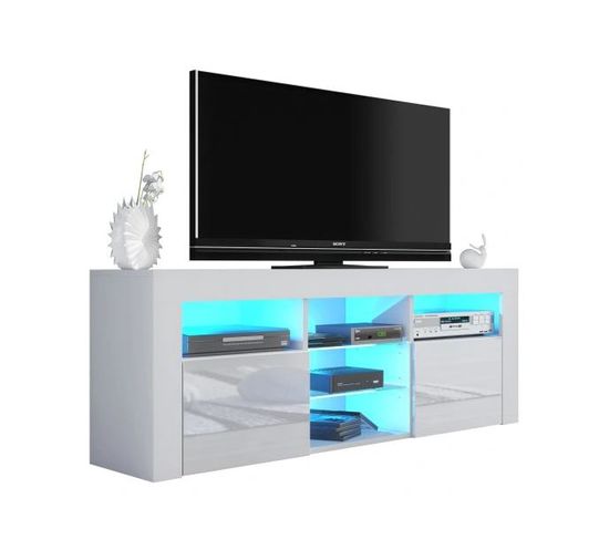 Meuble TV Jive Blanc à LED 145 Cm Avec 2 Portes Laquées