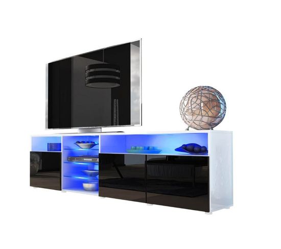 Meuble Tv Massimo 200 Cm Blanc Mat Et Portes Noir Laquées Led Rgb