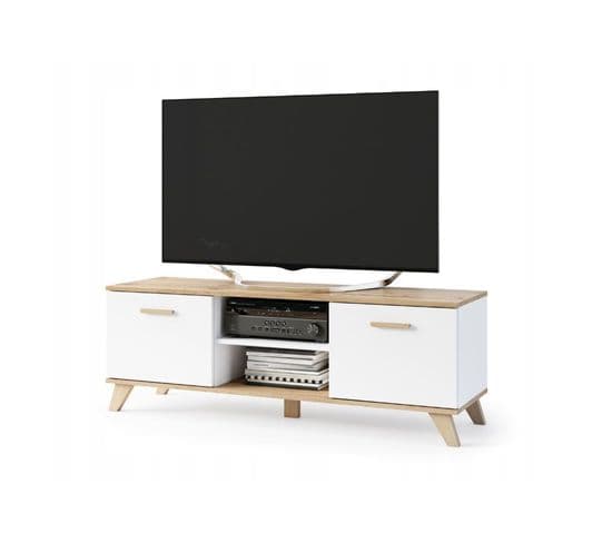 Bergen Meuble TV Scandinave 150 Cm Sur Pieds Bois Et Blanc