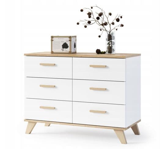 Bergen Buffet Scandinave 100 Cm Sur Pieds Bois Et Blanc 6 Tiroirs