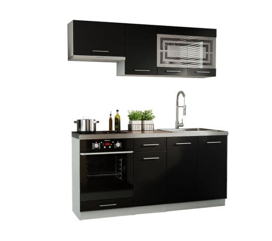 Cuisine Giovanna 6 Éléments - Noir Mat 1m80 Portes Vitrées Four Encastrable