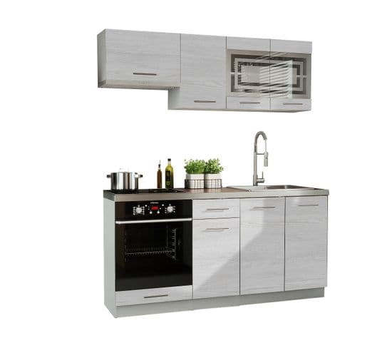 Cuisine Giovanna 6 Éléments - Bois Blanchi 1m80 Portes Vitrées Four Encastrable