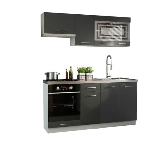 Cuisine Giovanna 6 Éléments - Graphite Mat 1m80 Portes Vitrées Four Encastrable