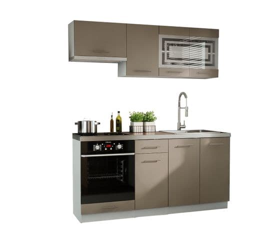 Cuisine Giovanna 6 Éléments - Taupe Mat 1m80 Portes Vitrées Four Encastrable