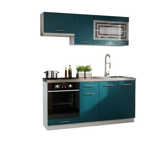 Cuisine Giovanna 6 Éléments - Turquoise Mat 1m80 Portes Vitrées Four Encastrable