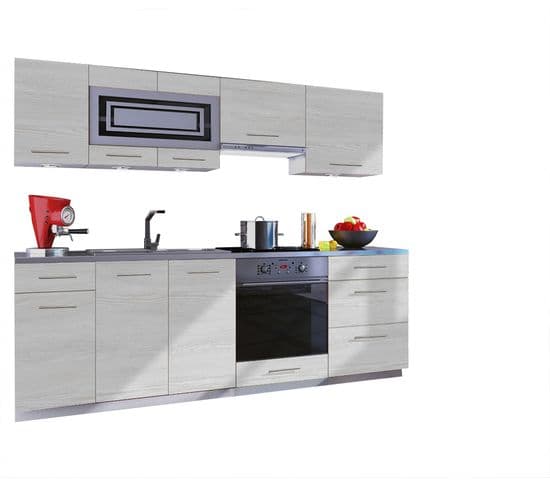 Cuisine Giovanna 8 Éléments - Bois Blanchi 2m40 Casserolier Four Encastrable