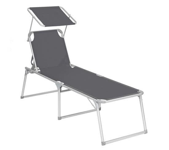 Chaise Longue, Charge 150 Kg, Avec Dossier Et Parasol Inclinables, Pliable, Pour Jardin, Gris