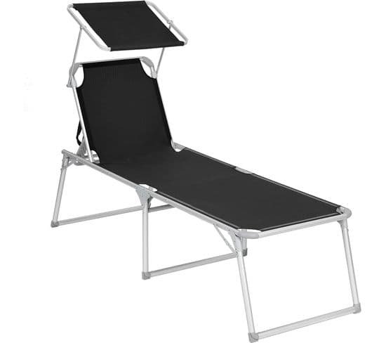 Chaise Longue, Charge 150 Kg, Avec Dossier Et Parasol Inclinables, Pliable, Pour Jardin, Noir