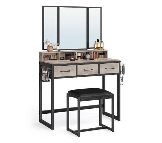 Coiffeuse avec Tabouret, 3 Miroirs, 3 Tiroirs, Porte-Sèche-Cheveux, Style Industriel, Grège, Noir