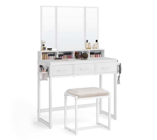 Coiffeuse Avec Tabouret, Miroir Triple, 3 Tiroirs, Porte-sèche-cheveux, Pot, Style Moderne, Blanc