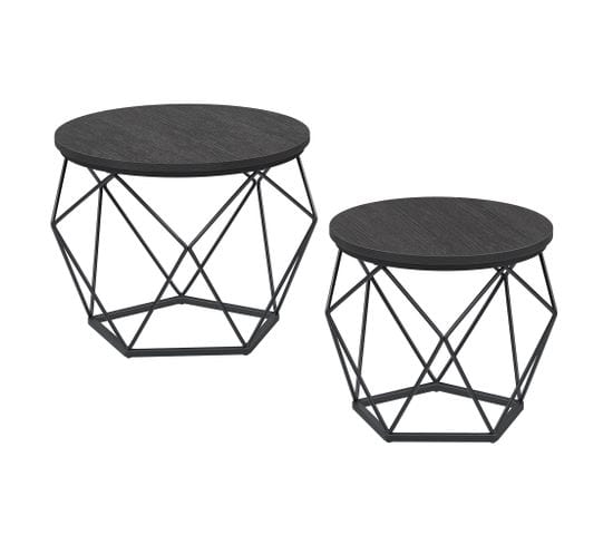 Table Basse Ronde, Lot De 2, Bout De Canapé, Style Moderne, Cadre En Acier, Pour Salon, Noir