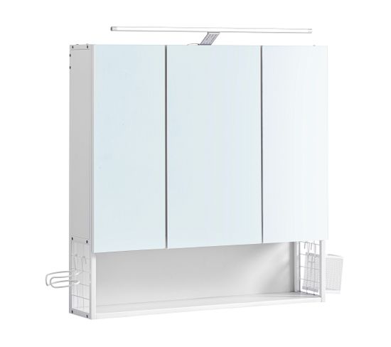 Armoire Murale Avec Miroir, Placard 3 Portes, Étagère Réglable, Porte Sèche-cheveux, Blanc