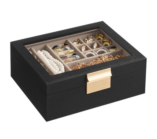 Boîte à Bijoux,écrin à Accessoires 2niveaux, Avec Plateau Amovible, Noir Graphite Et Doré Métallique