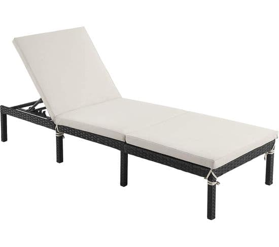 Chaise Longue, Avec Matelas De 5 Cm, Surface Tissée, Inclinable, Charge 150 Kg, Beige