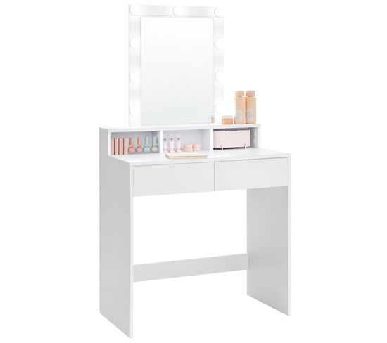 Coiffeuse Adulte Avec Miroir Et Ampoules, 2 Tiroirs, 3 Compartiments De Rangement, Blanc