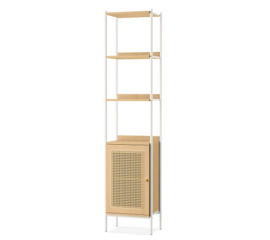 Bibliothèque à 6 Niveaux, Étagère Haute Avec Porte Imitation Rotin, Beige Chêne Et Blanc Perle