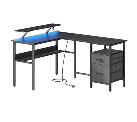 Bureau En L Avec Multiprise, Bureau Informatique Avec Rehausseur D’écran, Bureau Gaming LED, Noir