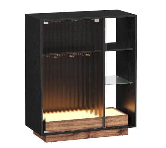 Meuble Bar à Vin Avec Éclairage, Buffet Avec LED, Avec Porte-verre, Porte En Verre Cannelé, Noir