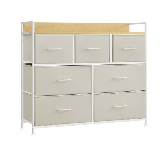 Commode, 7 Tiroirs En Tissu Avec Poignées, Cadre En Métal, Style Moderne, Blanc Crème Et Beige Chêne