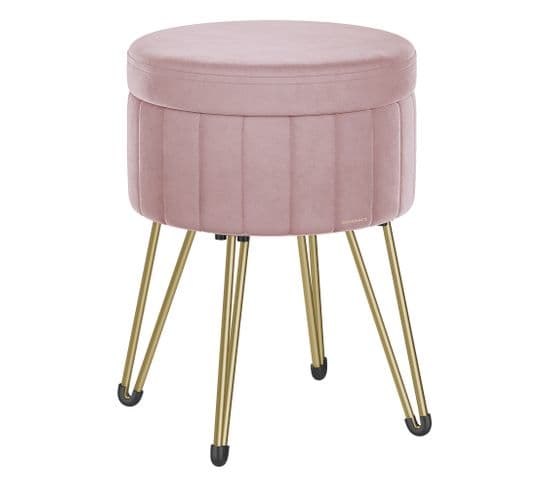 Tabouret Rangement, Siège Rond, En Velours, 39 X 44,4 Cm (diamètre X H), 4 Pieds En Métal, Rose