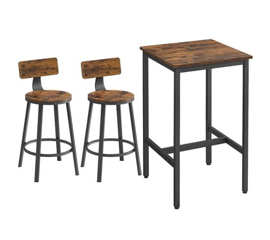 Ensemble Table Haute Avec 2 Tabourets De Bar, Table De Bar Carrée, Marron Rustique Et Noir