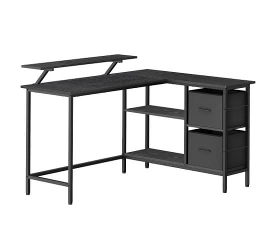 Bureau En Forme De L Avec 2 Tiroirs Spacieux, Avec Support Pour Écran, Longueur 135 Cm, Noir Boisé