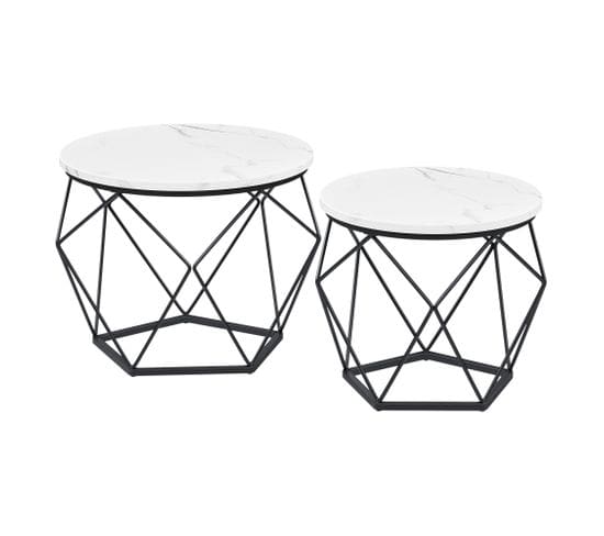 Table Basse Ronde, Lot De 2, Style Moderne, Plateau Amovible, Cadre En Acier, Blanc Et Noir