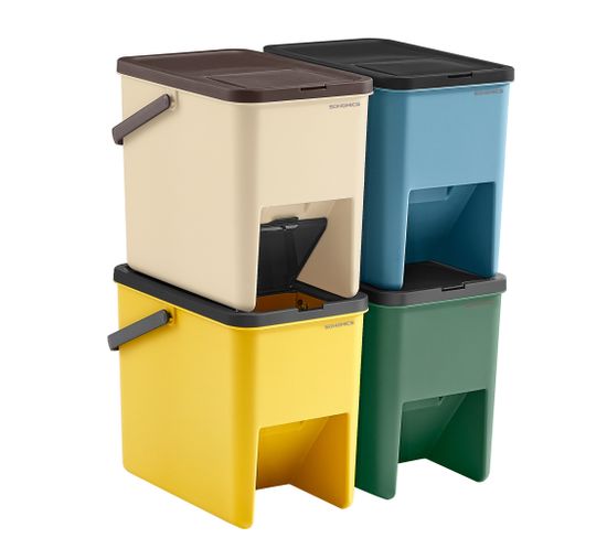 Poubelles De Tri Pour La Cuisine, Lot De 4, Empilables, 20l, Jaune, Bleu, Beige Et Vert