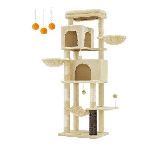 Grand Arbre à Chat, Hauteur 175 Cm, Avec 2 Niches, 2 Paniers, 5 Griffoirs, Hamac, Beige Sable