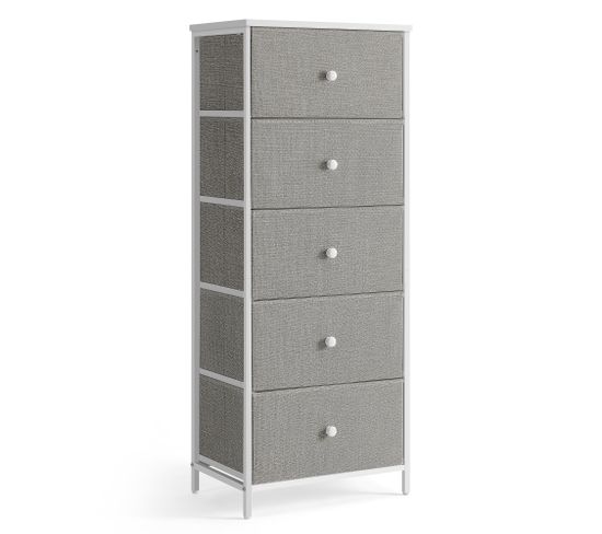 Commode, Colonne De Rangement En Tissu Avec 5 Tiroirs, Cadre En Métal, Gris Tourterelle Et Blanc