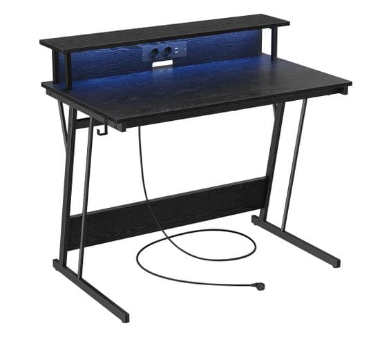 Bureau Gaming Avec LED Et Multiprise, Bureau Informatique Avec Rehausseur D’écran, Noir Boisé