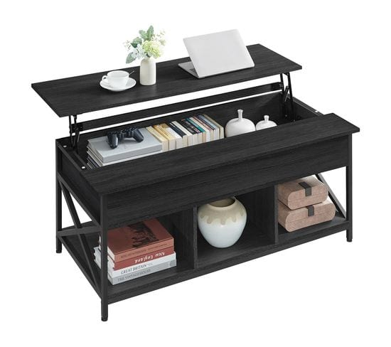 Table Basse, Table De Salon Avec Plateau Relevable, 60 X 120 X (48-62) Cm, Gris Anthracite Et Noir