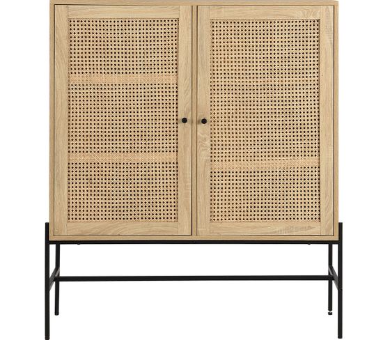 Buffet Haut 2 Portes En Cannage Naturel Et Effet Chêne 100 Cm - Iris