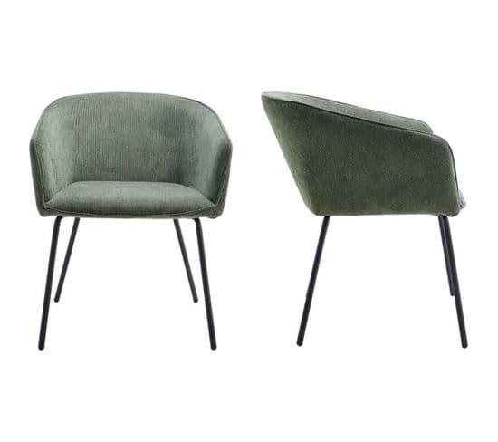 Lot De 2 Fauteuils De Table En Velours Côtelé Vert, Piètement Noir - Swann