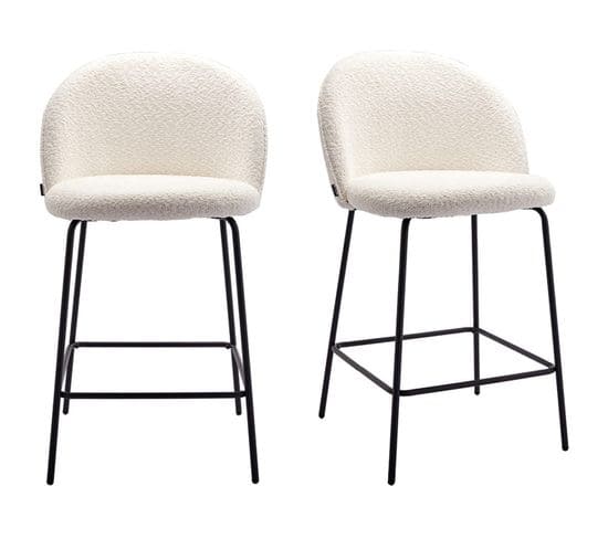 Lot De 2 Tabourets De Bar En Tissu Bouclette Écru, Piètement Noir - Alta