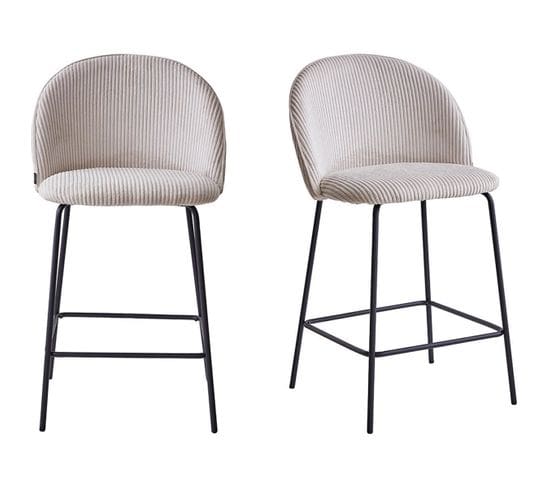 Lot De 2 Tabourets De Bar En Velours Côtelé Beige, Piètement Noir - Alta