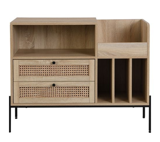 Meuble Range Vinyles 2 Tiroirs En Cannage Naturel Et Effet Chêne 90 Cm - Iris