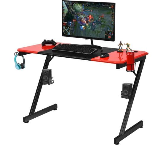 Bureau De Jeu Bureau Gamer Surface En Fibre De Carbone 120 X 60 X 76cm Noir Et Rouge