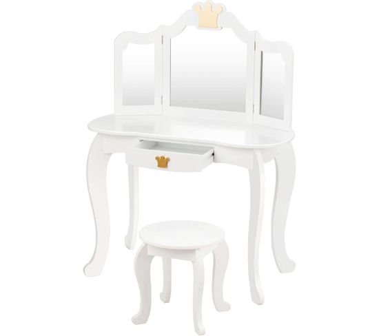 Coiffeuse Pour Enfants avec Miroir À Trois Volets, Avec Dessus Amovible Tabouret Inclus