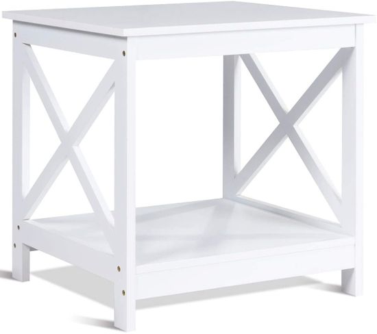 Table De Chevet Avec 2 Etagères De Rangement, Cadre Solide En Forme De X, 48 X 48 X 45cm Blanche