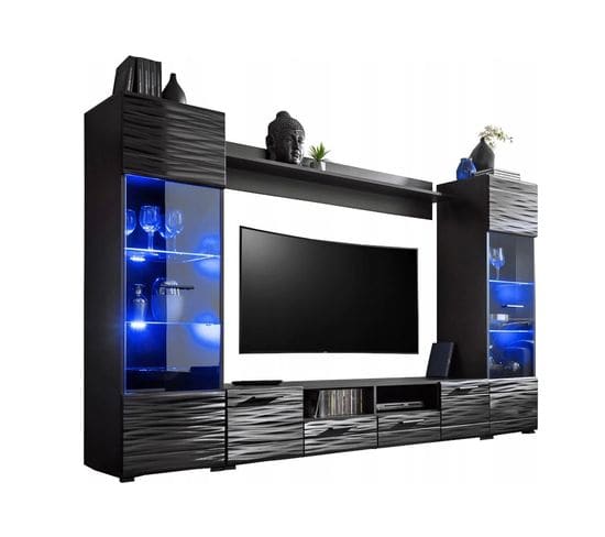 Meuble Salon Queen 260 Cm Noir Laqué Tv Effet 3d Avec Led