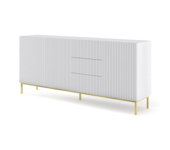 Buffet De Rangement Meuble Universel Blanc Mat 200x42x89 Ravi B Filet 2d3s Pied Cadré Or