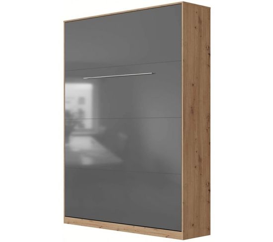 Lit Escamotable +2 Placards Vertical 140x200+(50x2)cm Miroir Supérieur Chêne/anthracite Brillant