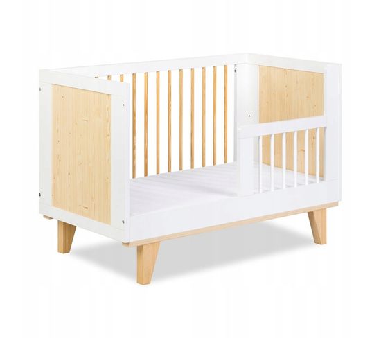 Lit Bébé 120x60cm Couleur Pin/blanc Lydie Barreaux Amovible Et Barrière De Sécurité Inclus