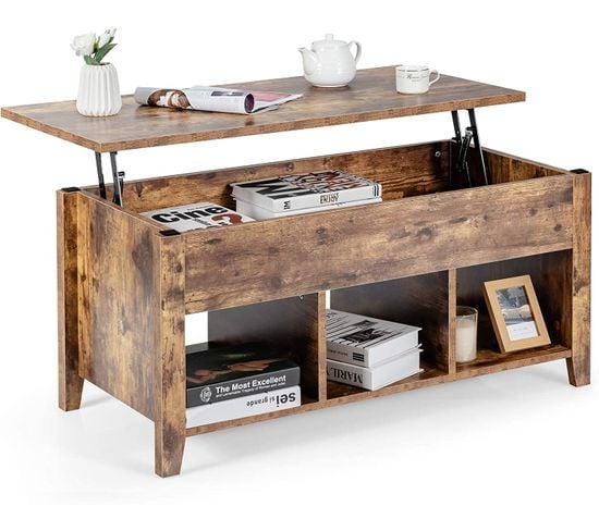 Table Basse Avec Plateau Relevable Noir 104,5 X 49,5 X 48,5 Cm Avec Trois Compartiments Naturel