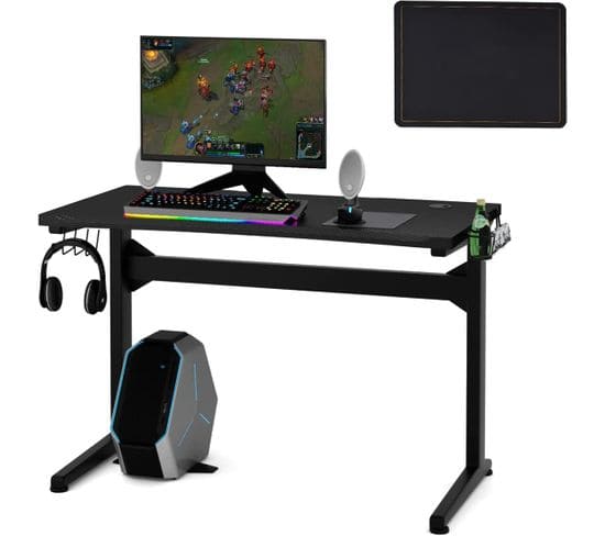 Bureau Gamer Ergonomique, Bureau Informatique Avec Porte-gobelet, 115x60x76cm, Noir