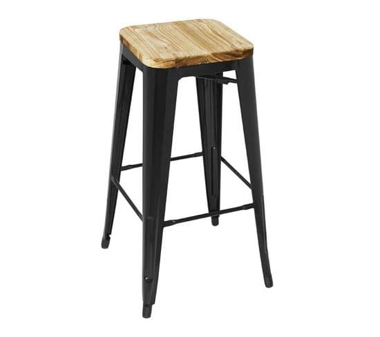 Tabouret Bistro Haut En Acier Noir Avec Assise En Bois - Lot De 4 -